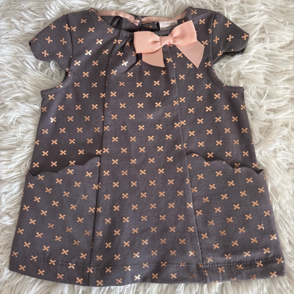 Catherine Malandrino Gray Dress with Peach Bow and X Pattern